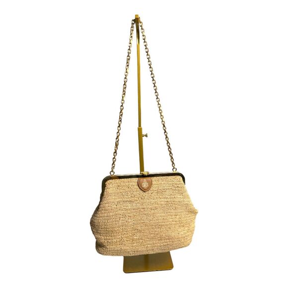 Mark Cross Susanna Raffia Frame Pouch Bag Gold Hardware Chain Shoulder Purse